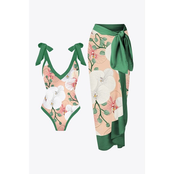 So Lovrie Other - 💥2 Pcs Floral One Piece Swimsuit and Sarong Skirt Set